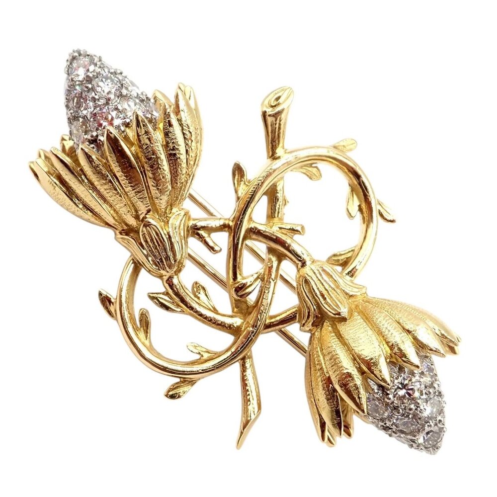 Authentic! Tiffany & Co Schlumberger 18k Yellow Gold Platinum Diamond Pin Brooch